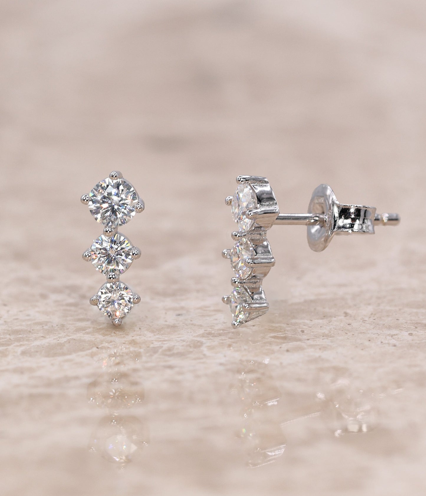 Moissanite Stud Earrings Triple - Silver