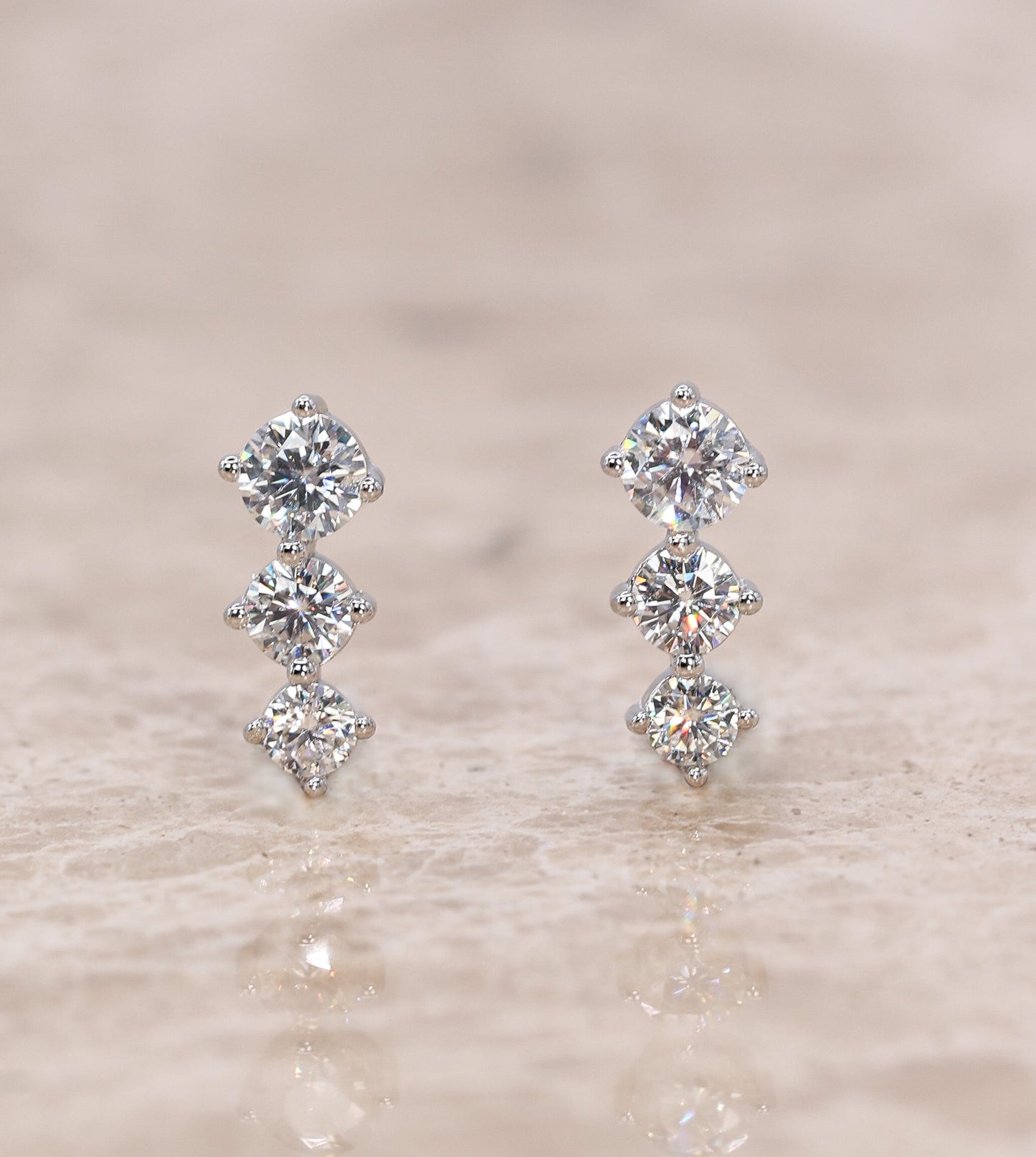 Moissanite Stud Earrings Triple - Silver