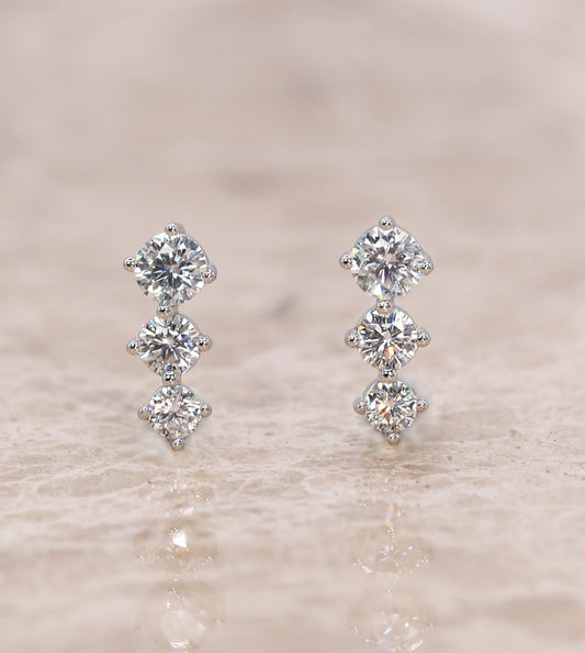 Moissanite Stud Earrings Triple - Silver